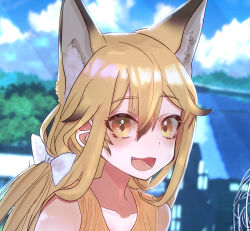 Rule 34 | 1girl, absurdres, animal ears, black hair, blush, bow, brown eyes, brown hair, collarbone, electric fan, ezo red fox (kemono friends), fang, fox ears, hair bow, highres, kemono friends, long hair, looking at viewer, multicolored hair, open mouth, ponta (matsuokazieg), smile, solo, two-tone hair, upper body, very long hair, white bow