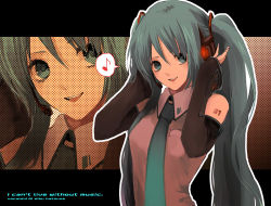 Rule 34 | 1girl, :d, aqua hair, character name, collared shirt, copyright name, detached sleeves, english text, glowing, grey shirt, hair between eyes, hair ornament, hands on headphones, hands up, hatsune miku, headphones, letterboxed, long hair, looking at viewer, musical note, necktie, open mouth, quaver, shirt, smile, solo, speech bubble, spoken musical note, tattoo, twintails, uno (artist), uno (colorbox), vocaloid, zoom layer
