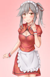 Rule 34 | 1girl, alternate costume, anti (untea9), apron, blush, breasts, brown eyes, china dress, chinese clothes, cleavage, cleavage cutout, clothing cutout, cowboy shot, dress, gradient background, grey hair, hair between eyes, headdress, highres, kantai collection, lips, long hair, looking at viewer, maid headdress, ponytail, puffy short sleeves, puffy sleeves, red dress, short sleeves, small breasts, smile, solo, twitter username, usugumo (kancolle), waist apron, waitress, white apron, wrist cuffs