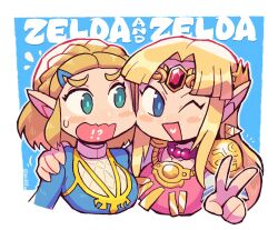 Rule 34 | !?, 2girls, blue eyes, braid, character name, crown braid, dual persona, forehead jewel, green eyes, hand on another&#039;s shoulder, highres, long hair, looking at another, looking to the side, multiple girls, nintendo, one eye closed, open mouth, parted bangs, pointy ears, princess zelda, rariatto (ganguri), short hair, surprised, the legend of zelda, the legend of zelda: a link between worlds, the legend of zelda: breath of the wild, the legend of zelda: tears of the kingdom, v