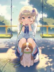 Rule 34 | &gt;:), 1girl, absurdres, animal, blonde hair, blue bow, blue bowtie, blue skirt, blue sky, blurry, blurry background, blush, bow, bowtie, bracelet, brown footwear, closed mouth, collar, collared shirt, cover image, day, dog, flower, full body, green eyes, hair flower, hair ornament, hands on own face, highres, holding, holding leash, jewelry, kneehighs, kouzuki noa, leash, long hair, long sleeves, looking at viewer, novel illustration, official art, outdoors, papakatsu jk no yowami wo nigitta node inu no sanpo wo onegai shitemita., plaid, plaid bow, plaid bowtie, plaid skirt, plant, pleated skirt, railing, reia, school uniform, shirt, shoes, side ponytail, skirt, sky, sleeves rolled up, smile, socks, squatting, swing, swing set, textless version, tree, upskirt, v-shaped eyebrows, white shirt, white socks