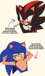 Rule 34 | 2boys, absurdres, angry, animal ears, animal nose, arms behind head, arrow (symbol), blush, breath, commentary request, english text, full-face blush, furry, furry male, gloves, green eyes, grin, half-closed eyes, highres, hyeon sonic, korean commentary, male focus, multiple boys, red eyes, shadow the hedgehog, simple background, smile, sonic (series), sonic the hedgehog, upper body, white gloves, yaoi