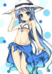 Rule 34 | 10s, 1girl, alternate costume, blue eyes, blue hair, flat chest, footprints (artist), hat, highres, kantai collection, long hair, matching hair/eyes, personification, samidare (kancolle), sarong, smile, solo, sun hat, swimsuit