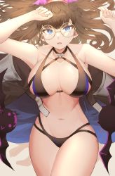Rule 34 | 1girl, absurdres, armpits, arms up, artist request, bare arms, bare shoulders, bikini, black bikini, blue eyes, breasts, brown hair, cleavage, collarbone, commission, glasses, hair spread out, halterneck, highres, kurosu aroma, large breasts, long hair, looking at viewer, multi-strapped bikini, navel, open mouth, pretty series, pripara, round eyewear, second-party source, solo, stomach, swimsuit, thighs, yellow-framed eyewear