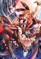 Rule 34 | 10s, 1girl, armpits, black footwear, black gloves, black thighhighs, blush, book, boots, breasts, brown hair, cape, clarisse (granblue fantasy), gloves, granblue fantasy, green eyes, hair ribbon, hasaya, highres, long hair, looking at viewer, medium breasts, one eye closed, open mouth, panties, ponytail, ribbon, skirt, smile, solo, star (symbol), test tube, thighhighs, underwear, v over eye, vest