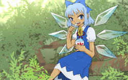 Rule 34 | 1girl, blue eyes, blue hair, branch, cirno, commentary request, dress, eating, flower, food, hair ribbon, ice, ice wings, looking at viewer, meimaru inuchiyo, ribbon, shaved ice, short hair, solo, sunflower, tan, tanned cirno, touhou, wings