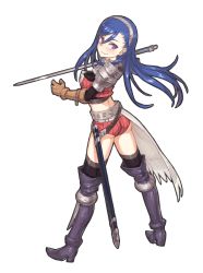 Rule 34 | 1girl, armor, ass, blue hair, boots, crop top, floating hair, full body, gloves, hairband, himeou to saigo no kishidan, long hair, looking at viewer, looking back, midriff, official art, purple eyes, robin (himeou to saigo no kishidan), shoe-ji, short shorts, shorts, solo, sword, thigh boots, thighhighs, transparent background, weapon