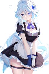 Rule 34 | 1girl, absurdres, ahoge, asymmetrical gloves, black gloves, blue eyes, blue hair, blush, breasts, cleavage, closed mouth, furina (genshin impact), genshin impact, gloves, hair between eyes, heterochromia, highres, looking at viewer, maid, maid headdress, medium breasts, mismatched gloves, multicolored hair, nasii, short sleeves, sidelocks, simple background, solo, standing, streaked hair, two-tone hair, v-shaped eyebrows, white background, white gloves