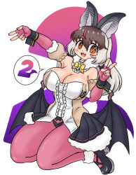 Rule 34 | 1girl, animal ears, bat ears, bat girl, bat wings, breasts, brown eyes, brown hair, brown long-eared bat (kemono friends), cleavage, edamamezooooo, elbow gloves, extra ears, fingerless gloves, gloves, grey hair, kemono friends, kemono friends v project, large breasts, leotard, long hair, looking at viewer, microphone, pantyhose, shoes, simple background, skirt, solo, virtual youtuber, wings