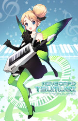 Rule 34 | 00s, 1girl, bad id, bad pixiv id, blonde hair, blue eyes, butterfly wings, don&#039;t say &quot;lazy&quot;, dress, earrings, elbow gloves, eyebrows, fairy, full body, gloves, green pantyhose, hair bun, highres, insect wings, instrument, jewelry, k-on!, keytar, kotobuki tsumugi, legs, nardack, pantyhose, single hair bun, solo, wings