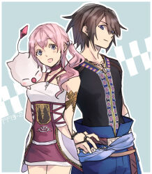 Rule 34 | 1boy, 1girl, blue eyes, closed mouth, collarbone, final fantasy, final fantasy xiii, final fantasy xiii-2, hamagurihime, highres, jewelry, long hair, moogle, necklace, noel kreiss, open mouth, pink hair, serah farron, side ponytail, skirt, smile, thighhighs