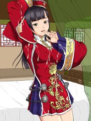 Rule 34 | 1girl, bare legs, bed, black hair, blush, breasts, cum, cum on body, cum on clothes, cum on upper body, da qiao, covered erect nipples, facial, female focus, finger to mouth, green eyes, hat, highres, knopf koubou, long hair, shin sangoku musou, solo, standing