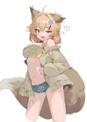 Rule 34 | 1girl, :d, absurdres, ahoge, animal ears, ayaha 4780828, bandeau, bare shoulders, blonde hair, blue shorts, breasts, character request, cleavage, clothes writing, commentary request, copyright request, cowboy shot, grey eyes, grey jacket, hair intakes, highres, jacket, large breasts, large tail, long sleeves, looking at viewer, medium hair, micro shorts, midriff, navel, off shoulder, open clothes, open jacket, open mouth, shorts, simple background, smile, solo, standing, stomach, strapless, tail, thighs, tube top, white background