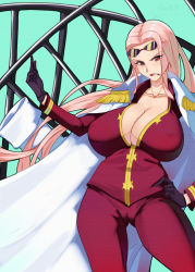 Rule 34 | 1girl, 47 hard, blush, breasts, cameltoe, cape, cigarette, cleavage, epaulettes, female focus, gloves, green background, groin, hand on own hip, hand up, head tilt, highres, hina (one piece), large breasts, legs, legs apart, light blush, long hair, long sleeves, looking at viewer, one piece, pink hair, red eyes, simple background, smoking, solo, standing, sunglasses, sunglasses on head, swept bangs, thighs
