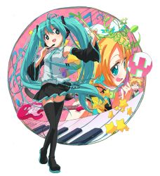 Rule 34 | armpits, blue hair, detached sleeves, hatsune miku, headset, kagamine len, kagamine rin, outside border, ratte, round image, spring onion, thighhighs, transparent background, twintails, vocaloid
