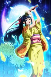 Rule 34 | 1boy, black hair, blue eyes, cleaned, eyelashes, floral background, floral print, flower, groin, hair ornament, japanese clothes, katana, kikunojo (one piece), kimono, lipstick, long hair, looking at viewer, makeup, male focus, moon, official art, one piece, red ribbon, ribbon, solo, star (sky), star (symbol), sword, trap, weapon, yellow kimono