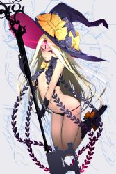 Rule 34 | 1girl, abigail williams (fate), abigail williams (third ascension) (fate), black bow, black gloves, black hat, black panties, black socks, blonde hair, bow, commentary request, fate/grand order, fate (series), full body, gloves, glowing, grey background, grin, hat, hat bow, highres, holding, holding staff, i-pan, kneehighs, long hair, looking at viewer, navel, orange bow, panties, parted bangs, parted lips, polka dot, polka dot bow, purple hat, red eyes, revealing clothes, smile, socks, solo, staff, underwear, v-shaped eyebrows, very long hair, witch hat