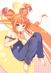 Rule 34 | 1girl, aqua eyes, areola slip, barefoot, blush, feet, female focus, hair ornament, highres, idolmaster, idolmaster (classic), musical note, naked overalls, no bra, orange hair, overalls, racer (magnet), sitting, smile, solo, strap slip, takatsuki yayoi, toes, twintails
