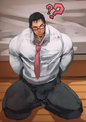 Rule 34 | 1boy, bara, blush, bulge, darlton, glasses, looking at viewer, male focus, muscular, pov, restrained, steam, tagme, yaoi