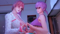 Rule 34 | 1boy, 2girls, 3d, animated, audible music, ayane (doa), bed, bedroom, bisexual female, breasts, cooperative handjob, dead or alive, ffm threesome, finger in another&#039;s mouth, finger sucking, french kiss, glansjob, glasses, group sex, hair ornament, handjob, hetero, honoka (doa), incest, indoors, kiss, large breasts, maiden masher, matching hair/eyes, moaning, multicolored clothes, multicolored panties, multiple girls, orange panties, pajamas, panties, penis, pink eyes, pink hair, pink nails, ponytail, pov, purple nails, short hair, siblings, sisters, smile, sound, tattoo, tattoo on belly, threesome, underwear, video, white panties, window