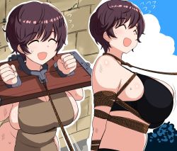 Rule 34 | 1girl, ^ ^, bdsm, black bra, bondage, bound, bra, breasts, brick wall, brown hair, clenched hands, closed eyes, flying sweatdrops, idolmaster, idolmaster cinderella girls, large breasts, leash, oikawa shizuku, open mouth, outdoors, rebake, short hair, slave, slave clothes, smile, solo, sweat, thighhighs, underwear, upper body