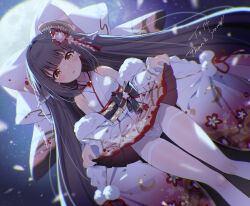 Rule 34 | 1girl, animal ears, azur lane, bare shoulders, blush, bow, bow panties, breasts, brown hair, clothes lift, comb, commentary request, commission, detached sleeves, dutch angle, frilled sleeves, frills, full moon, hair bow, harutsuki (a dance for the coming spring) (azur lane), harutsuki (azur lane), highres, japanese clothes, kimono, knees together feet apart, lifting own clothes, long hair, long sleeves, looking at viewer, moon, moonlight, open mouth, panties, pantyhose, pleated skirt, pom pom (clothes), sakuma shiki, skirt, skirt lift, small breasts, solo, standing, thighband pantyhose, underwear, very long hair, white bow, white kimono, white panties, white pantyhose, white skirt, yellow eyes
