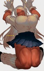 Rule 34 | boku no hero academia, breasts, gloves, highres, ibuo (ibukht1015), large breasts, leg warmers, mirko, muscular legs, rabbit ears, red eyes, school uniform, shoes, skirt, tan, thick thighs, thighs, white hair