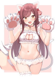 Rule 34 | 1girl, anal tail, animal ears, animal hands, anus cutout, arakumachikano, bikini, blush, breasts, butt plug, cat cutout, cat ears, cat paws, cat tail, choker, cleavage, clothing cutout, collarbone, fake tail, frilled bikini, frills, gloves, hands up, highleg, highleg bikini, highres, idolmaster, idolmaster shiny colors, long hair, looking at viewer, medium breasts, multiple views, navel, nyan, osaki amana, paw gloves, red choker, red hair, sex toy, smile, solo, straight hair, swimsuit, tail, thigh strap, very long hair