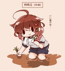 Rule 34 | 1girl, ahoge, alternate costume, beige background, bloom2425, blue eyes, blue shorts, braid, brown hair, cowboy shot, gym shorts, gym uniform, hair flaps, hair ornament, hair over shoulder, highres, kantai collection, mud, planting, rice planting, shigure (kancolle), shigure kai ni (kancolle), shirt, shorts, simple background, soaking feet, solid oval eyes, solo, t-shirt, translation request, wading, white shirt