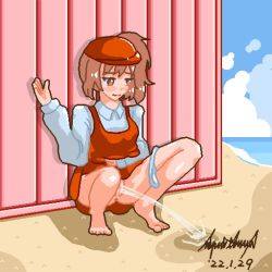 Rule 34 | 1girl, 2022, 20s, 4mper5and, anus, barefoot, beach, blue shirt, blush, breasts, brown eyes, brown hair, clothes lift, cloud, dated, dress, dress lift, hat, january, long hair, long sleeves, looking down, medium breasts, ocean, original, panties, panties around leg, pee, peeing, ponytail, puddle, pussy, red dress, red headwear, sand, shirt, side ponytail, sky, sleeveless, sleeveless dress, smile, squatting, tears, uncensored, underwear, wall, water, white panties
