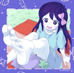 Rule 34 | 1girl, absurdres, aubrey (headspace) (omori), aubrey (omori), barefoot, blanket, blue shirt, blue skin, blush, border, bow, bowtie, collarbone, colored skin, feet, foot focus, foot up, grass, grey skin, hair between eyes, hair ornament, happy, highres, knife, leg up, legs up, long hair, omori, on floor, open mouth, outdoors, outside border, oversized clothes, oyatsu (mk2), planet, purple background, purple hair, shirt, short sleeves, sitting, smile, soles, star (symbol), stuffed toy, toenails, toes, tongue