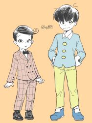 Rule 34 | 2boys, ahoge, black bow, black bowtie, black footwear, black hair, blue footwear, blue shirt, bow, bowl cut, bowtie, buttoned cuffs, buttons, child, collared shirt, dra (osomatsu-kun), fang, formal, hands on own hips, height difference, looking at viewer, male focus, matsuno osomatsu, multiple boys, orange background, osomatsu-kun, osomatsu (series), shirt, smile, suit, tamago toji, twitter username, vampire