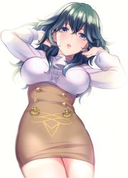Rule 34 | 1girl, blue eyes, blue hair, breasts, byleth (female) (fire emblem), byleth (female) (summer wear) (fire emblem), byleth (fire emblem), fire emblem, fire emblem: three houses, garreg mach monastery uniform, highres, kasu (96ks 3h), large breasts, long sleeves, nintendo, official alternate costume, parted lips, simple background, solo, thighs, uniform, white background