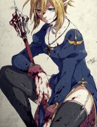 Rule 34 | 1girl, black thighhighs, blonde hair, blood, blood in hair, blood on clothes, blood on face, blood on hands, bloody weapon, blue dress, blue eyes, breasts, closed mouth, commentary request, cross, cross necklace, dated, dress, feet out of frame, garter straps, grey background, habit, hair between eyes, holding, holding weapon, jewelry, juliet sleeves, long sleeves, looking at viewer, mace, medium breasts, medium hair, necklace, pointy ears, priest (ragnarok online), puffy sleeves, ragnarok online, sidelocks, signature, smile, solo, spiked mace, spikes, thighhighs, tokio (okt0w0), weapon