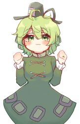 Rule 34 | 1girl, ahoge, black hat, closed mouth, commentary request, cross-laced clothes, dress, green dress, green eyes, green hair, hat, long sleeves, looking at viewer, looking back, short hair, simple background, soga no tojiko, solo, takana (forsterite), tate eboshi, touhou, variant set, white background