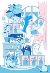 Rule 34 | 1girl, 444 tn, blue hair, cactus, cat, clock, curtains, desk, food, from side, headphones, highres, indoors, plant, sandwich, sitting, slippers, sticky note, yawning