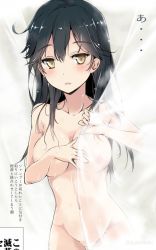 Rule 34 | 10s, 1girl, bad id, bad pixiv id, black hair, breasts, collarbone, covering breasts, covering one breast, covering privates, cowboy shot, curtain grab, curtains, groin, indoors, kantai collection, long hair, looking at viewer, meme, navel, nude, see-through, solo, standing, steam, takaharu, they had lots of sex afterwards (meme), thigh gap, translation request, transparent, ushio (kancolle), yellow eyes