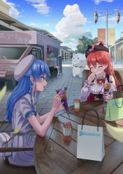 Rule 34 | 2girls, 35p (sakura miko), absurdres, ahoge, asakura (asa t77), bare shoulders, beret, black headwear, blue eyes, blue hair, blue sky, chair, closed eyes, cloud, commentary request, copyright name, crepe, detached sleeves, drinking straw, eating, food, food truck, green eyes, hair between eyes, hat, highres, holding, holding food, hololive, hoshimachi suisei, hoshimachi suisei (school uniform), juice box, lamppost, long hair, looking at another, mikodanye, multiple girls, pink hair, sakura miko, sakura miko (casual), shadow, shirt, short sleeves, sign, sitting, sky, smile, table, virtual youtuber, white headwear, white shirt