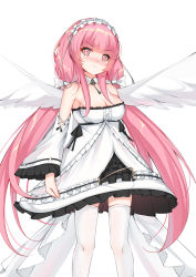 Rule 34 | 1girl, angel wings, azur lane, bad id, bad pixiv id, bare shoulders, blunt bangs, blush, breasts, catnnn, cleavage, detached sleeves, dress, feathered wings, feet out of frame, frilled dress, frilled sleeves, frills, frown, hair ornament, highres, large breasts, long hair, long sleeves, looking at viewer, low twintails, maid headdress, perseus (azur lane), pink eyes, pink hair, revision, simple background, solo, strapless, strapless dress, thighhighs, twintails, very long hair, white background, white dress, white sleeves, white thighhighs, white wings, wide sleeves, wings, zettai ryouiki