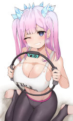 Rule 34 | 1girl, blue eyes, breasts, bright pupils, cleavage, gradient hair, heavy breathing, highres, huge breasts, large breasts, leggings, multicolored hair, one eye closed, otoha rilly, pink hair, r project, ring fit adventure, satou daiji, sidelocks, simple background, sitting, smile, sports bra, stirrup legwear, teeth, toeless legwear, two side up, virtual youtuber, wariza, white background