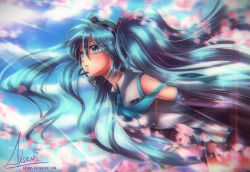 Rule 34 | axsen, bad id, bad pixiv id, blue eyes, blue hair, blurry, detached sleeves, hatsune miku, headset, lens flare, necktie, petals, signature, solo, twintails, vocaloid, watermark, web address
