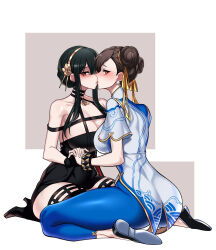 Rule 34 | 2girls, absurdres, ass, back, black footwear, black hair, bracelet, breasts, brown eyes, brown hair, capcom, china dress, chinese clothes, chun-li, commission, crossover, dogs (dlrkdejr26), double bun, dress, earrings, gold earrings, gold hairband, hair bun, hair ribbon, hairband, high heels, highres, imminent kiss, interlocked fingers, jewelry, large breasts, long hair, looking at viewer, multiple girls, pantyhose, pelvic curtain, puffy short sleeves, puffy sleeves, red eyes, ribbon, road, short sleeves, side slit, sidelocks, sitting, spy x family, street fighter, street fighter 6, studded bracelet, thick thighs, thighs, two-sided dress, two-sided fabric, unitard, wariza, yellow ribbon, yor briar, yuri