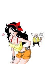 Rule 34 | 1boy, 1girl, age difference, bald, beard, black hair, breasts, cleavage, dragon ball, facial hair, fingerless gloves, gloves, heart, hetero, highres, large breasts, long hair, looking at viewer, lunch (dragon ball), missing tooth, muten roushi, no bra, old, old man, one eye closed, open mouth, simple background, smile, sunglasses, turtle shell, white background, wink