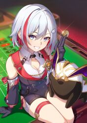 Rule 34 | 1girl, black gloves, blue eyes, breasts, cleavage, closz, coin, colored inner hair, commentary, detached sleeves, gloves, grin, hair ornament, hand up, highres, holding, holding coin, honkai: star rail, honkai (series), looking at viewer, multicolored hair, numby (honkai: star rail), red hair, sitting, smile, solo, thigh strap, thighs, topaz (honkai: star rail), trotter (honkai: star rail), white hair