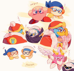 Rule 34 | +++, :d, :o, ^ ^, adjusting eyewear, armor, artist name, bandana, bandana waddle dee, bespectacled, black cape, blue-framed eyewear, blue bandana, blue eyes, blush, blush stickers, brown eyes, cape, closed eyes, commentary request, feathered wings, fur-trimmed jacket, fur-trimmed sleeves, fur trim, galacta knight, glasses, gloves, grey-framed eyewear, hand up, hands up, hat, highres, horns, jacket, king dedede, kirby, kirby (series), long sleeves, looking at viewer, mask, meta knight, nintendo, open clothes, open jacket, open mouth, pauldrons, pom pom (clothes), purple-framed eyewear, purple eyes, red-framed eyewear, red headwear, red jacket, sailor hat, sailor waddle dee, shoes, shoulder armor, simple background, smile, sparkle, tokuura, translation request, twitter username, v-shaped eyebrows, white-framed eyewear, white background, white footwear, white gloves, white headwear, white wings, wings, yellow background, yellow eyes, yellow horns