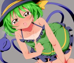 Rule 34 | 1girl, absurdres, adapted costume, areola slip, black hat, blush, breasts, bwell, cleavage, clothes pull, commentary request, dress, dress pull, eyeball, feet out of frame, frilled dress, frills, green dress, green eyes, green hair, grey background, hair between eyes, hat, hat ribbon, heart, heart-shaped pupils, highres, komeiji koishi, looking at viewer, open mouth, pulling own clothes, ribbon, short hair, simple background, sleeveless, sleeveless dress, small breasts, smile, solo, sundress, symbol-shaped pupils, tan, tanline, third eye, touhou, yellow ribbon