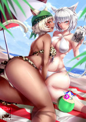 Rule 34 | 2girls, animal ears, animal print, arm up, artist logo, artist name, ass, back, bad id, bad pixiv id, bandana, bare arms, bare legs, bare shoulders, beach, beach towel, beach umbrella, bikini, blue eyes, blue sky, bob cut, book, breasts, brown eyes, cat ears, cat tail, character request, cloud, cocktail, cocktail umbrella, coconut, collarbone, commentary, commentary request, commission, cover, cover page, criss-cross halter, dark-skinned female, dark skin, day, drinking straw, english commentary, eyebrows, facial mark, final fantasy, final fantasy xiv, flower, fruit cup, gainoob, green hat, groin, halterneck, hat, hibiscus, holding, kneepits, large breasts, looking back, medium breasts, messy hair, miqo&#039;te, multiple girls, navel, o-ring, o-ring bikini, open mouth, outdoors, palm tree, print bikini, sand, short hair, shoulder blades, sky, smile, sun, swimsuit, tail, thighs, tiger print, towel, tree, umbrella, underboob, water, white bikini, white hair, y&#039;shtola rhul, yuri
