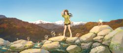 Rule 34 | 1girl, :o, absurdres, bracelet, brown hair, day, green shirt, hand up, highres, hua ming wink, jewelry, long hair, looking afar, mountain, nature, open mouth, original, outdoors, pointy ears, rock, scenery, shirt, shoes, shorts, sneakers, soap bubbles, standing, water