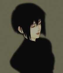 Rule 34 | 1girl, black hair, blurry, closed eyes, ghost in the shell, kusanagi motoko, lips, lowres, short hair, simple background, solo, upper body