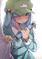 Rule 34 | 1girl, bandages, bandaid, bandaid on hand, blue eyes, blue hair, blush, clothes grab, flanvia, hair bobbles, hair ornament, hat, highres, kawashiro nitori, open mouth, shirt, short hair, sweat, tears, touhou, trembling, two side up